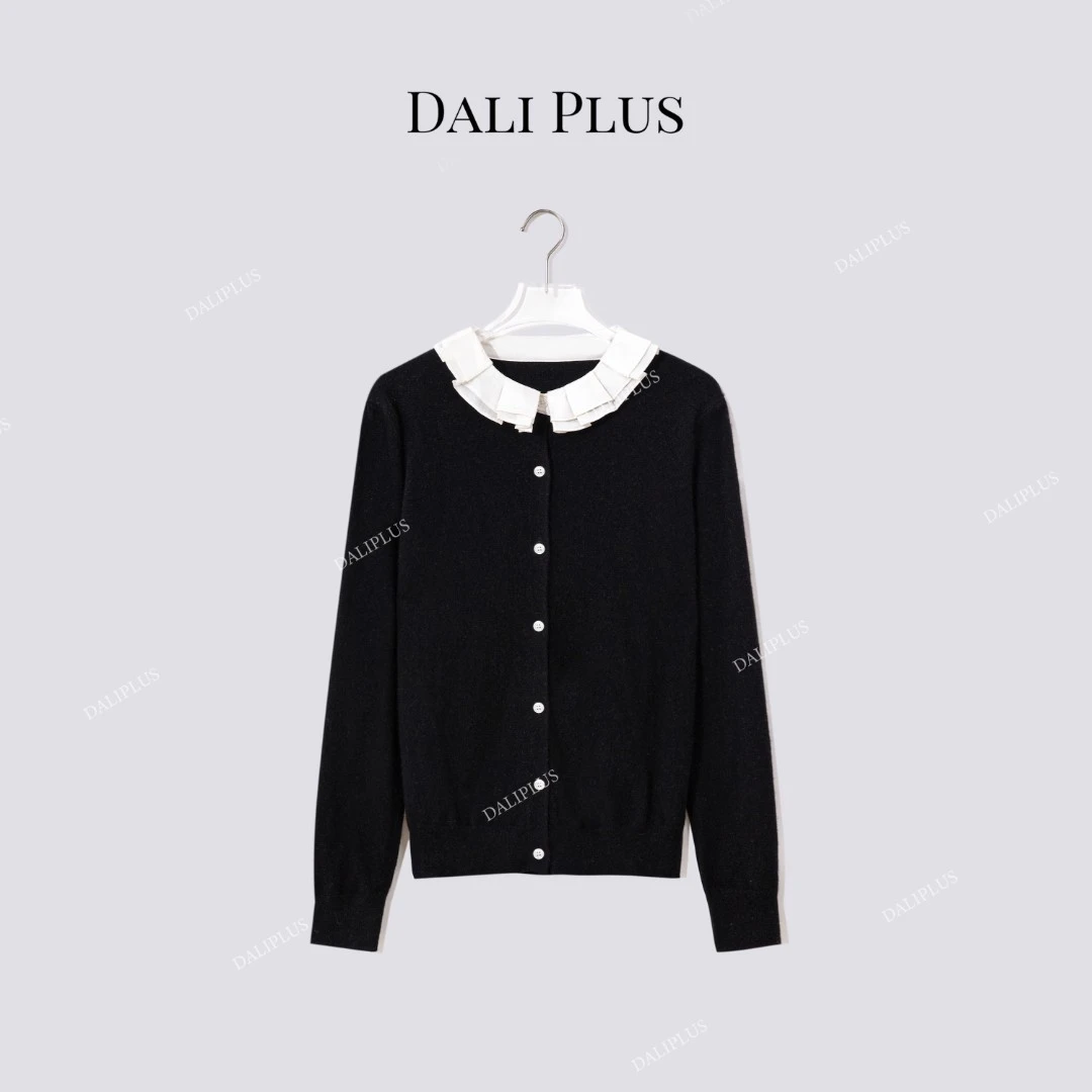 DALI PLUS“100山羊绒撞色真丝花边领”百搭针织衫-D5CH4819