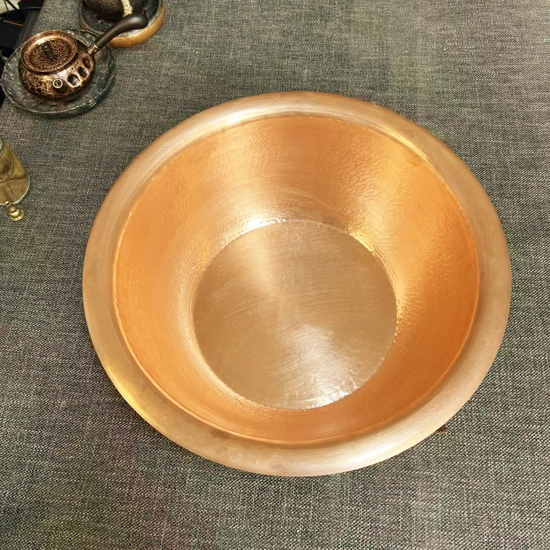 30cm纯紫铜手工加厚铜盆家用水盆结婚喜盆脸盆木桌炖肉羊蝎子火盆
