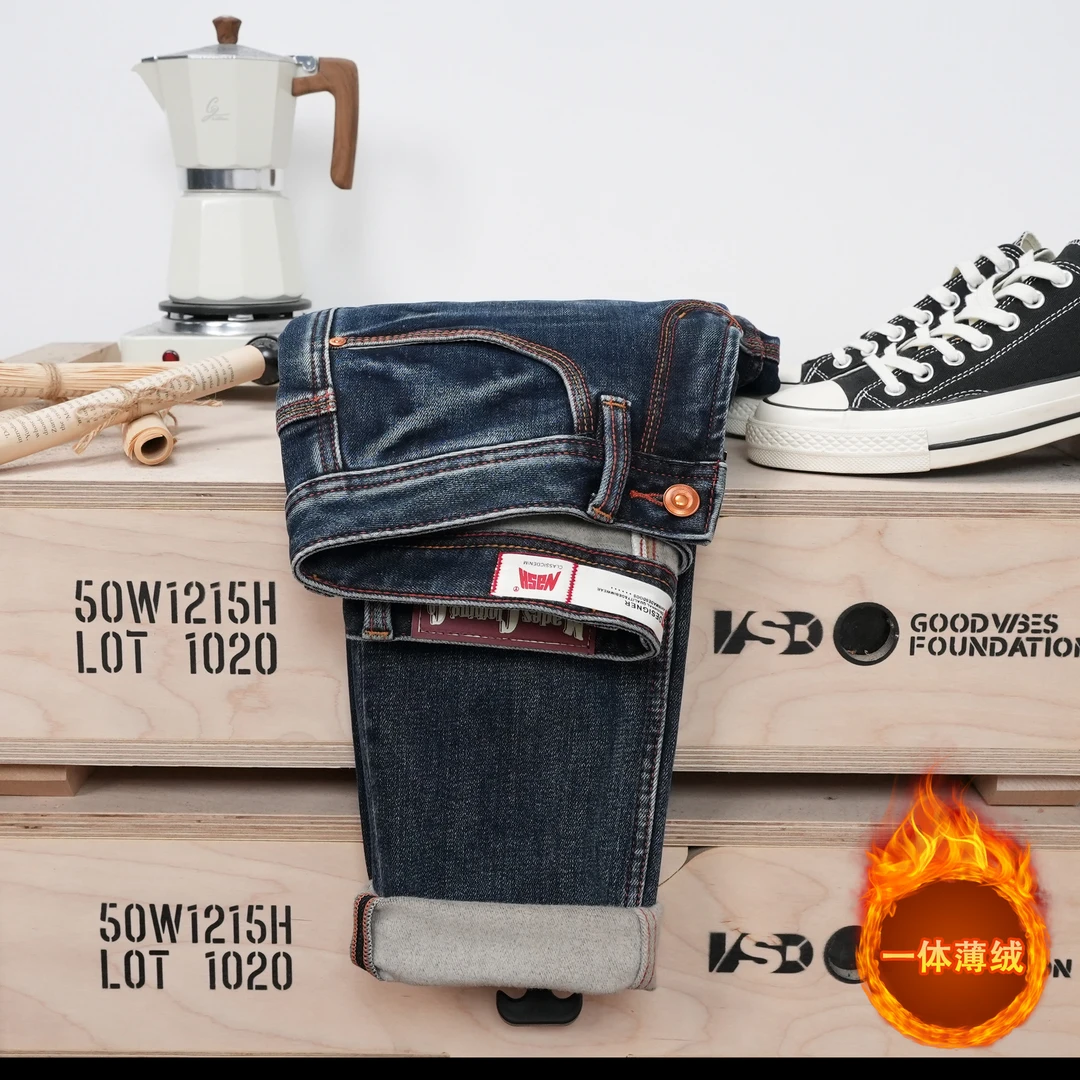 冬季男士抓绒牛仔裤水洗蓝色休闲百搭男裤修身小直筒加绒男裤子