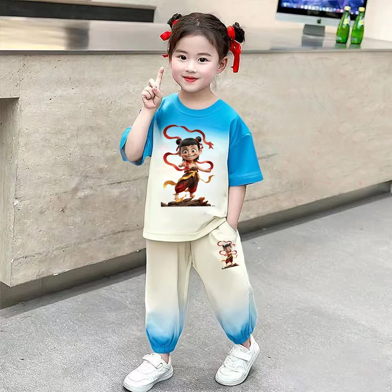 女童2025爆款哪吒卡通短袖套装夏季洋气休闲夏装
