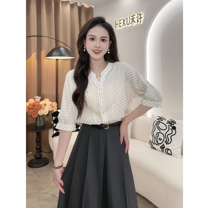 【现货】韩系简约条纹复古v领衬衫女2024夏季新款五分袖气质短上衣