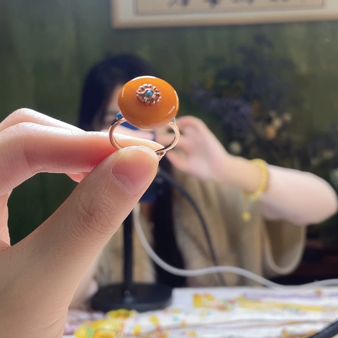 蜜蜡银S925镶嵌裸石戒指