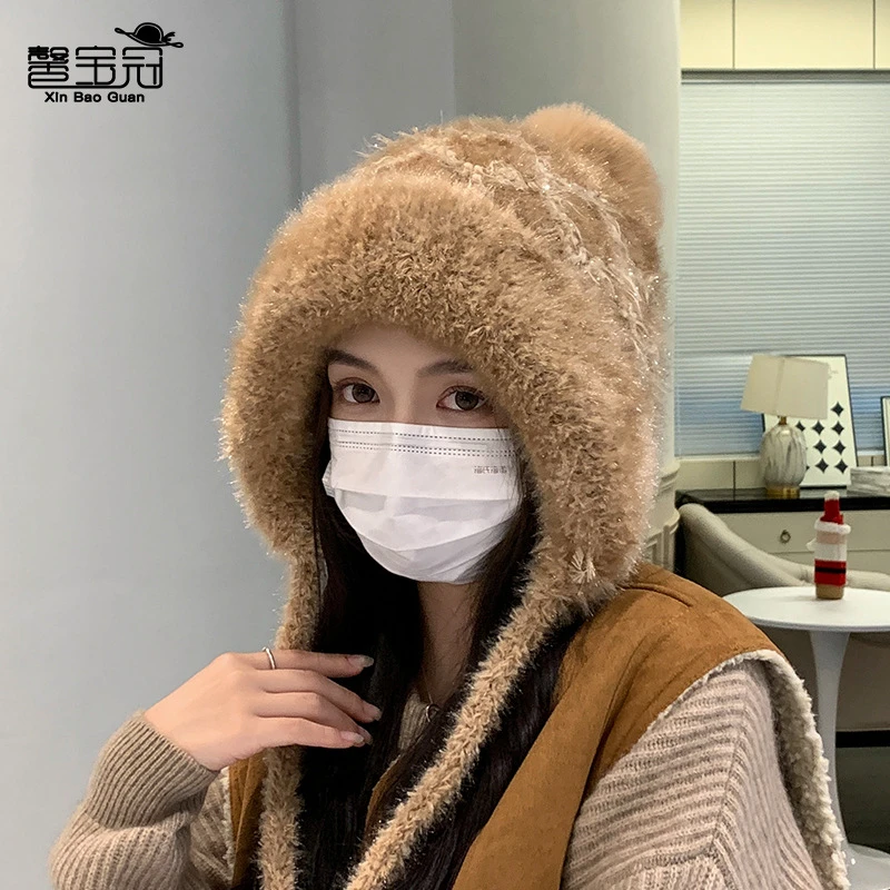 毛绒毛球帽子女冬季加绒护耳套头针织毛线帽显脸小防风保暖雷锋帽