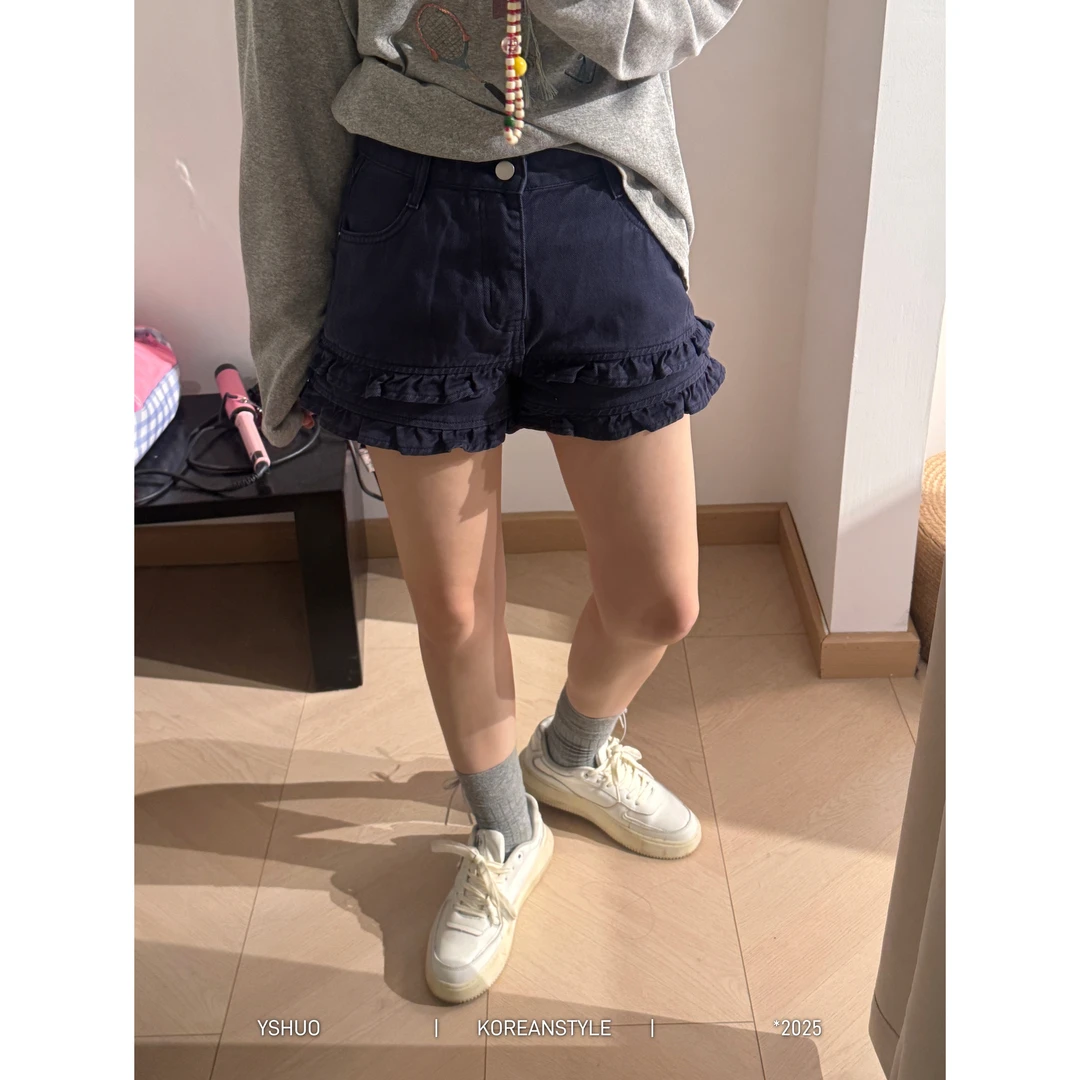 【夏日随心配】夏季木耳边拼接藏蓝色牛仔裤甜美辣妹短裤N2651