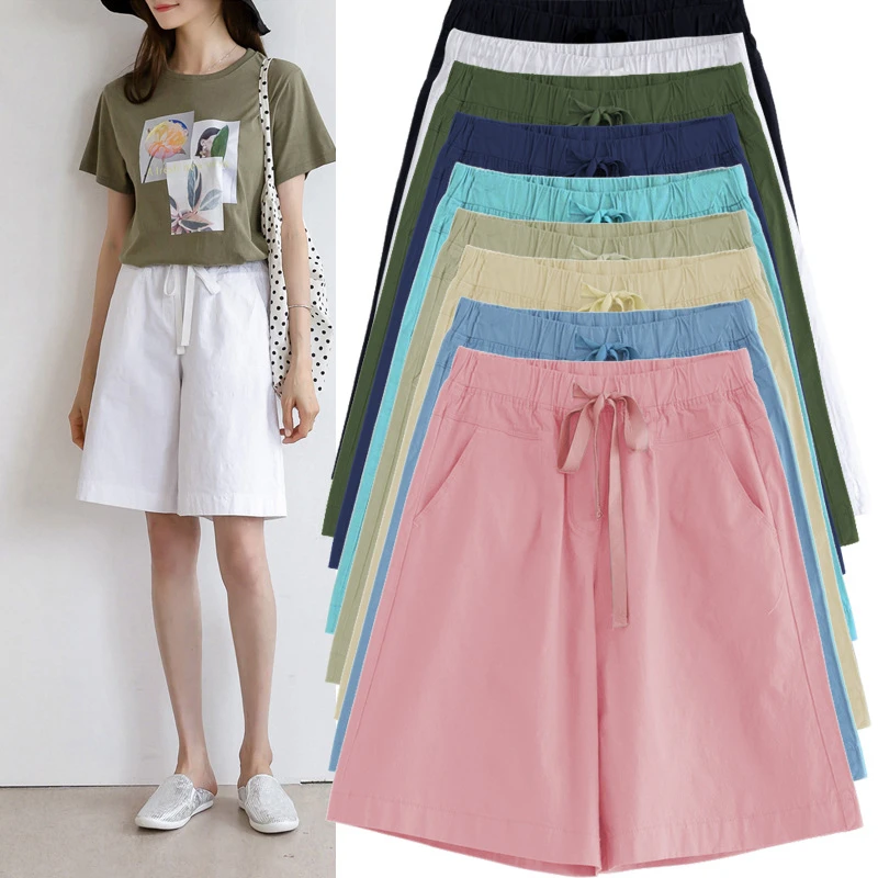 Sugar Style2025夏季新款棉高腰抗皱斜纹大码休闲裤阔腿显瘦中裤