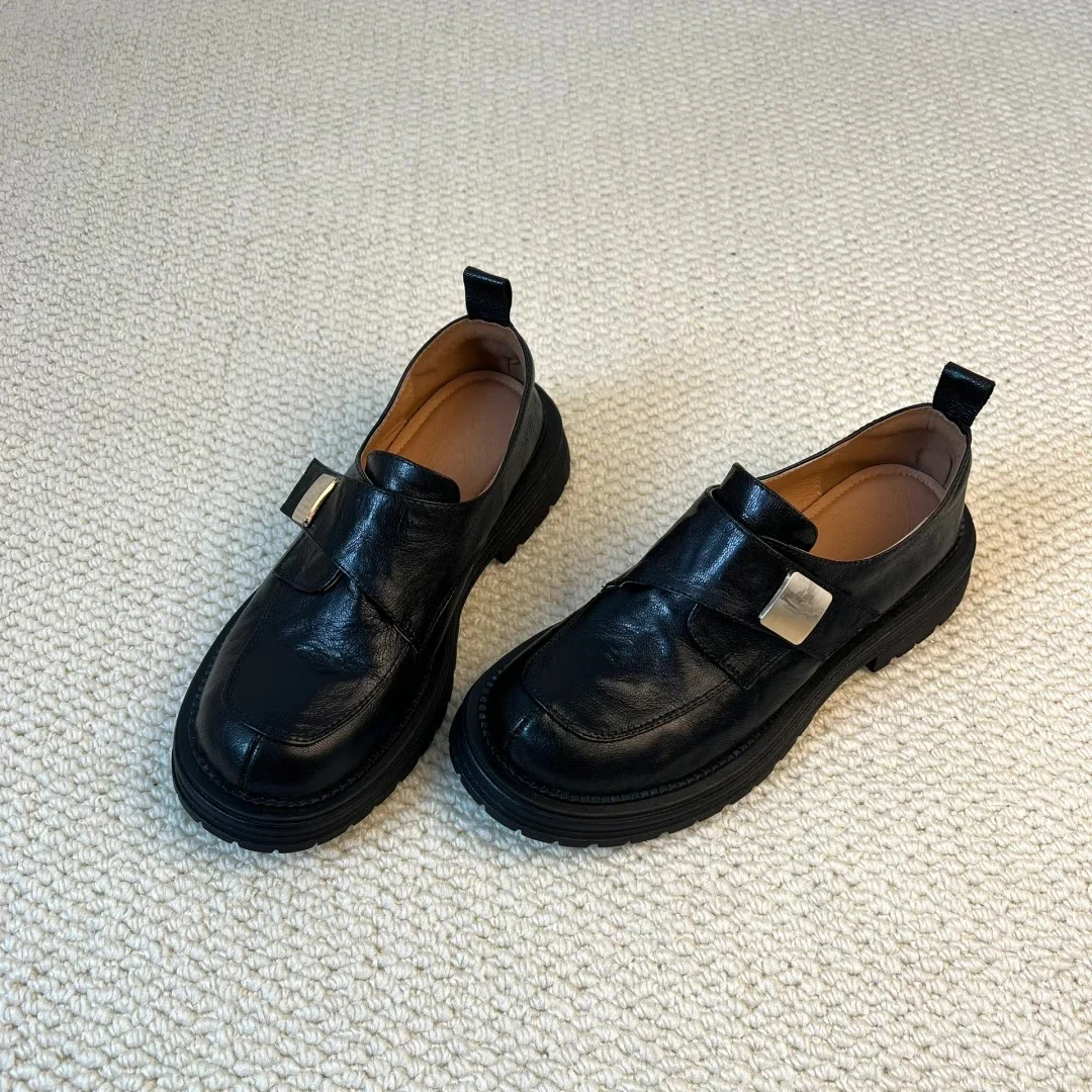 羊皮版!真皮厚底乐福鞋女英伦风一脚蹬单鞋魔术贴粗跟棕色小皮鞋