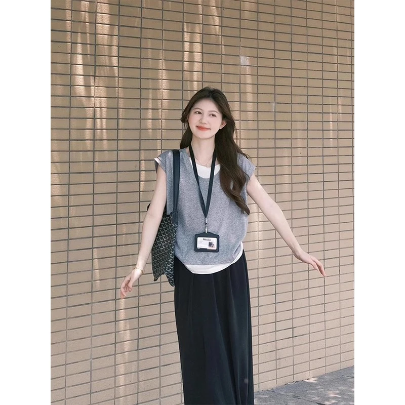 假两件灰色短袖T恤女夏季正肩宽松薄款正肩小飞袖独特超好看上衣