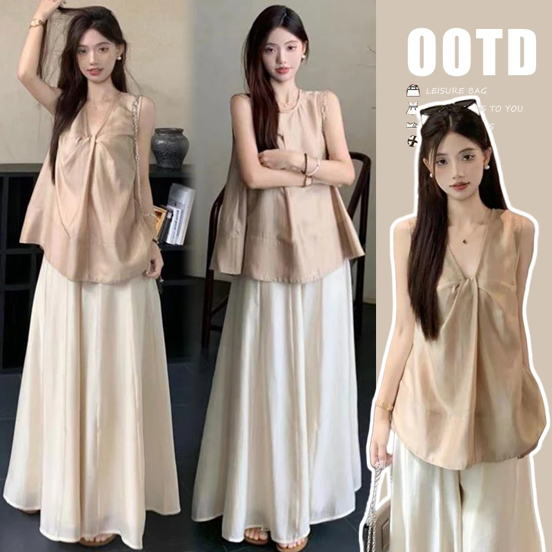 孕妇套装夏季新款时尚气质法式无袖衬衫上衣休闲显瘦抽绳阔腿裤裙