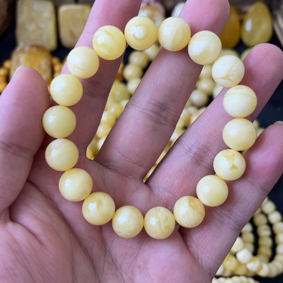 手串琥珀未镶嵌11+俄料浓白花蜡圆珠手串