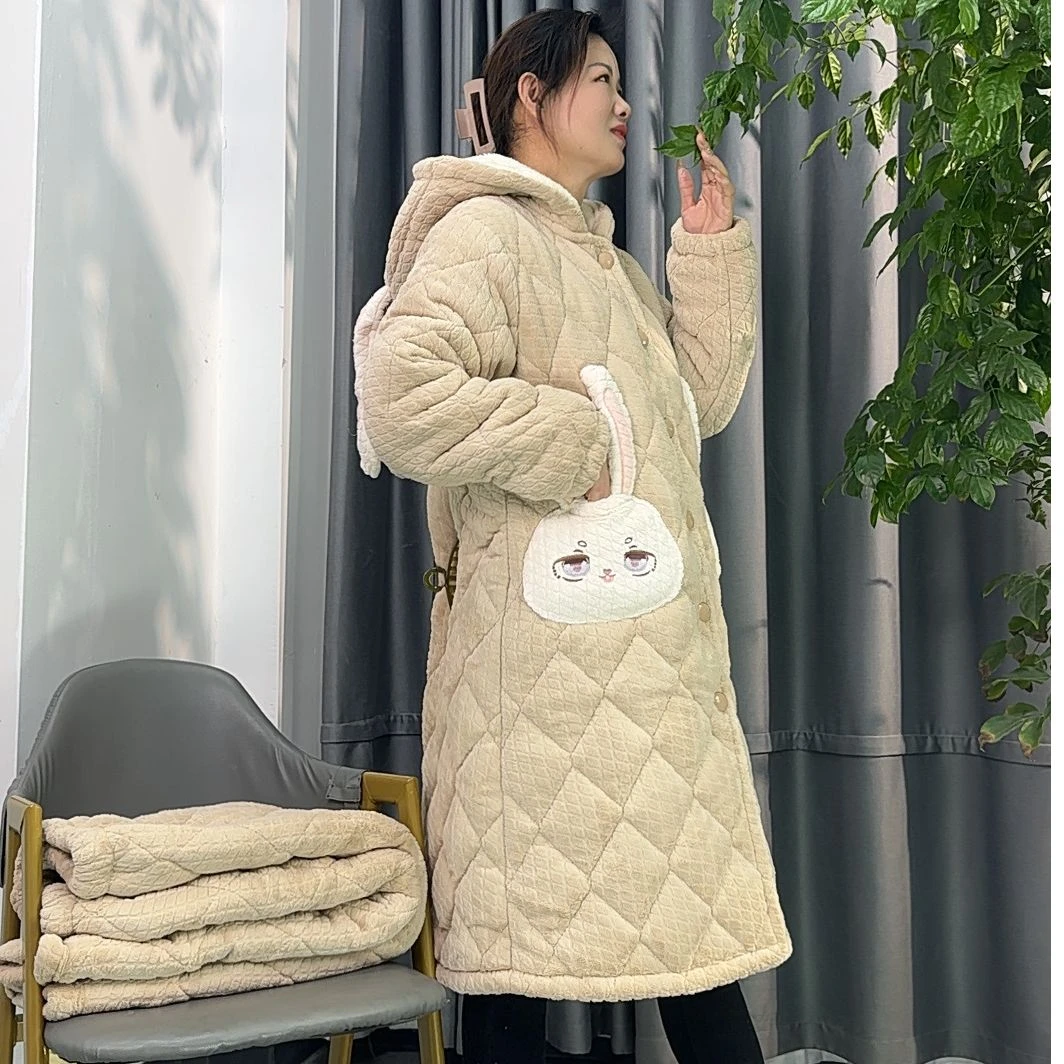 【女士长袍5903】冬季夹棉睡衣时尚三层夹棉加厚家居服套装加绒外穿