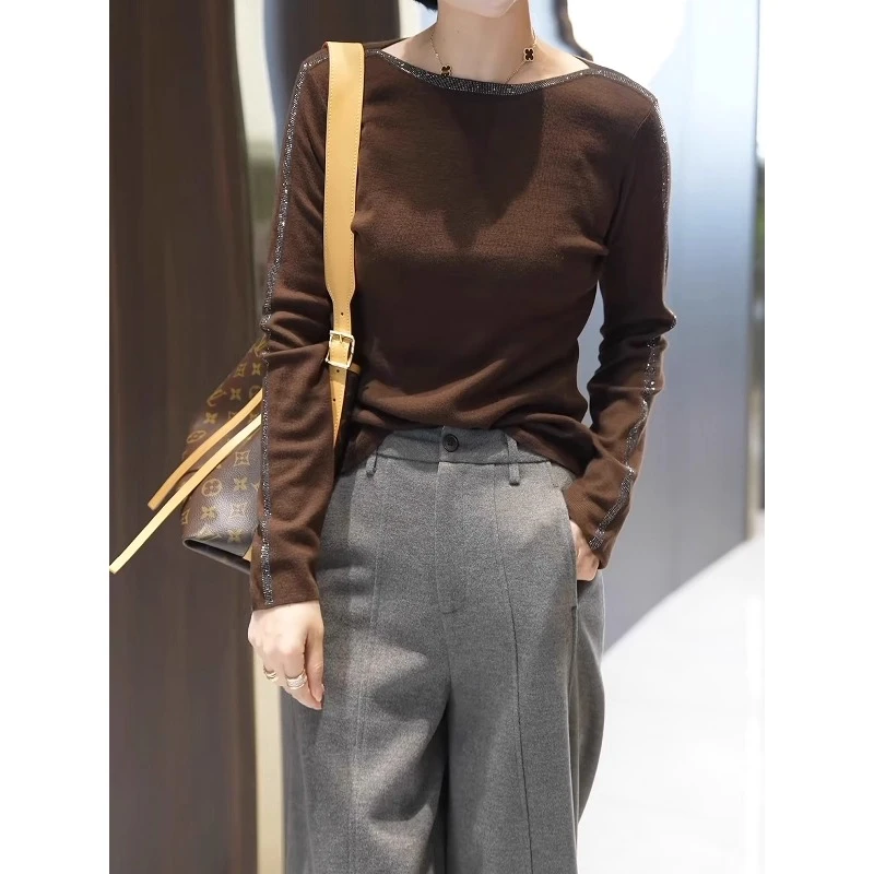 【高端定制】一字领烫钻长袖德绒上衣百搭显瘦气质时尚洋气T恤女潮