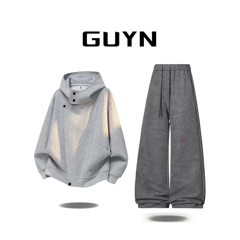 GUYN春秋季男士连帽开衫卫衣套装潮牌扎染破洞休闲裤子美式设计感