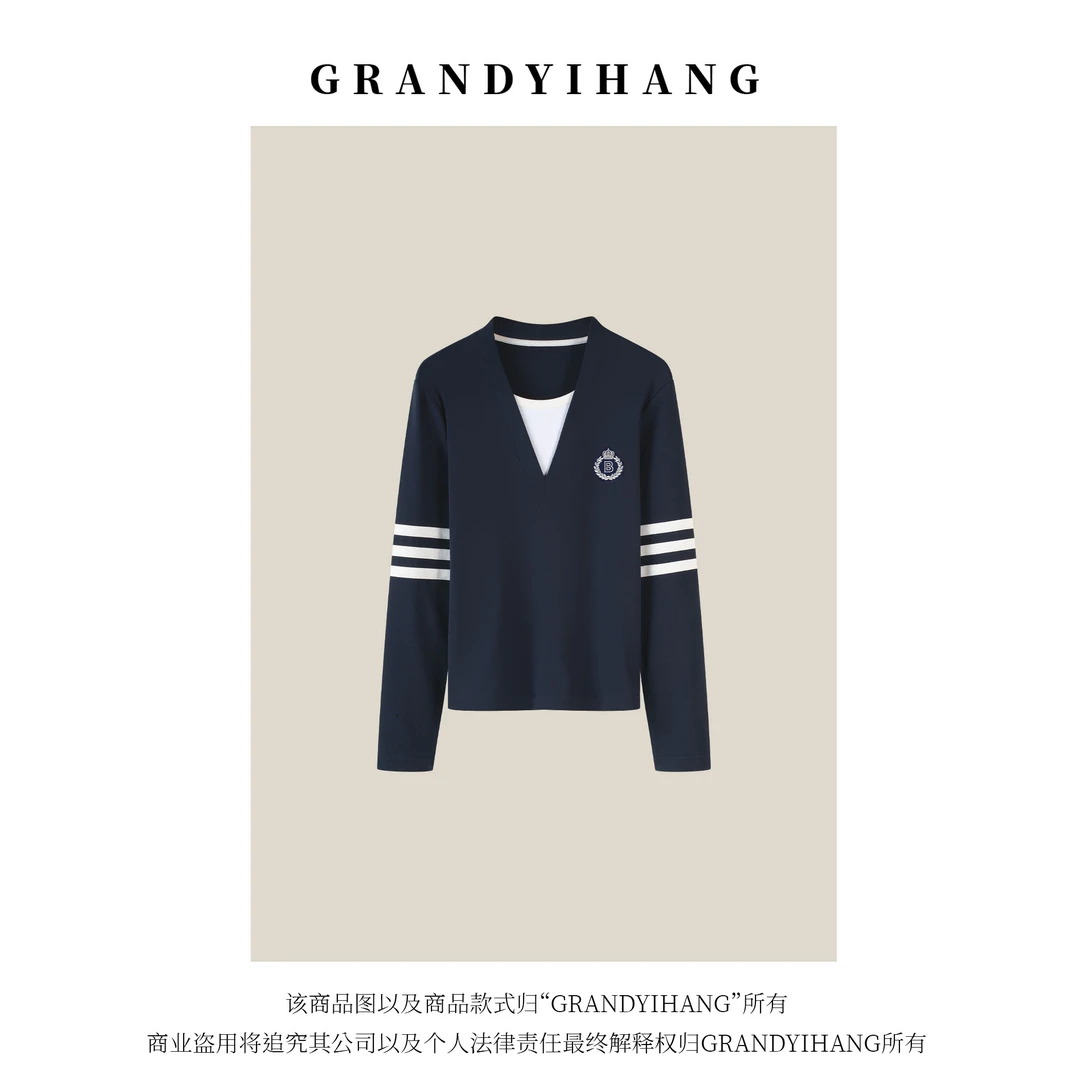 【青青推荐】2025早春新款假俩件条纹长袖上衣77032