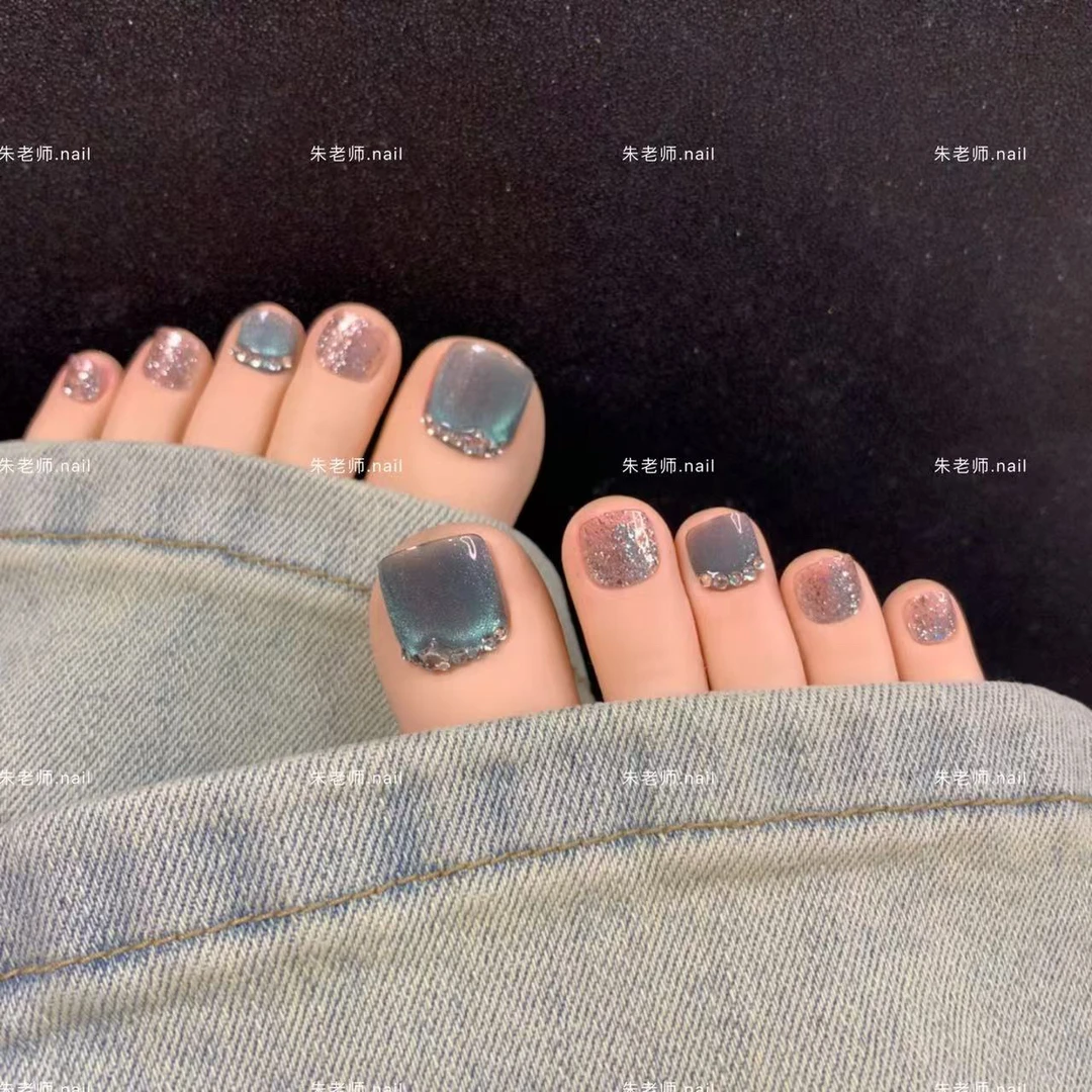 27C（14片纯手工脚趾甲)蓝银细闪小钻牢固重复用百搭显白穿戴脚甲