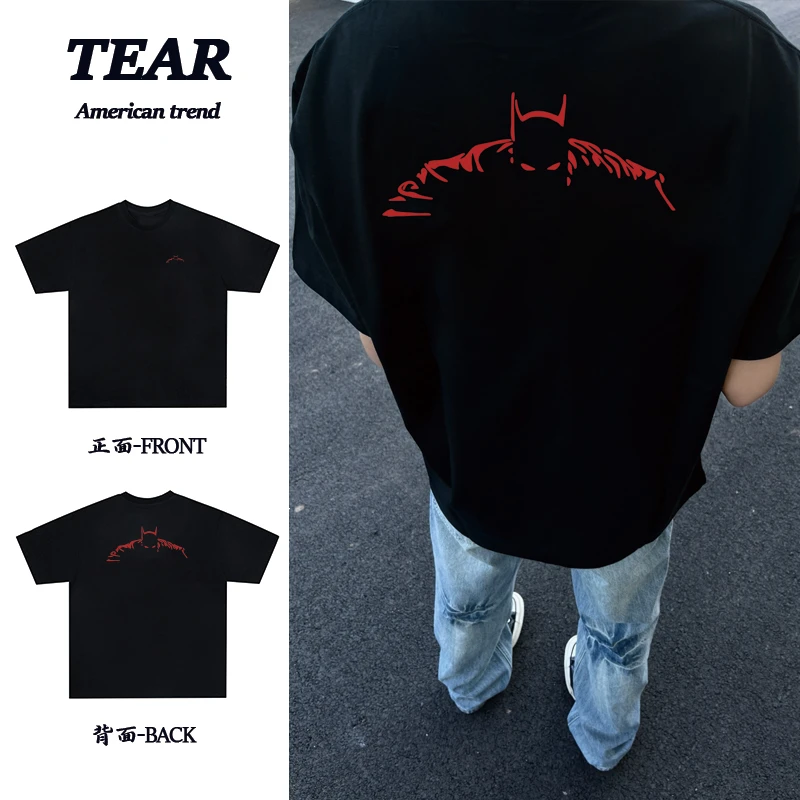 美式重磅纯棉卡通消失蝙蝠侠字母短袖T恤男女同款宽松百搭上衣