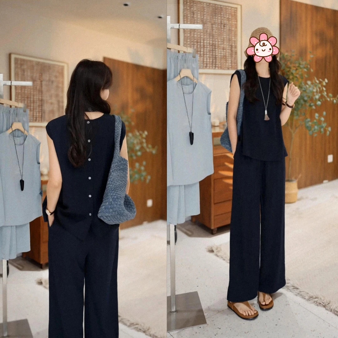 气质休闲套装女2025夏季凉感背心小衫+高腰阔腿裤洋气显瘦两件套