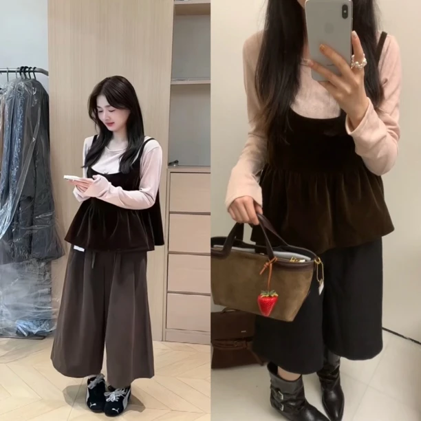 【张开心】不费力穿搭～韩系古着巴恩风高质感皮绒吊带打底两件套