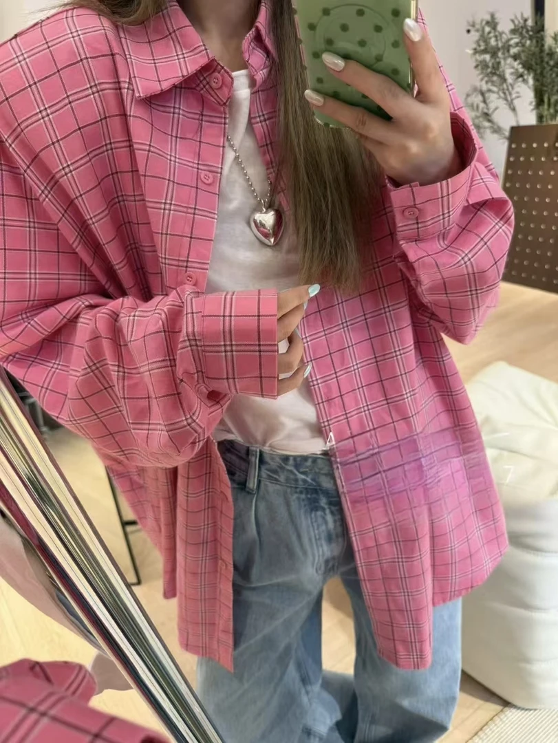 （東Room）早秋新款韩版纯色格子衬衫长袖宽松慵懒显白运动