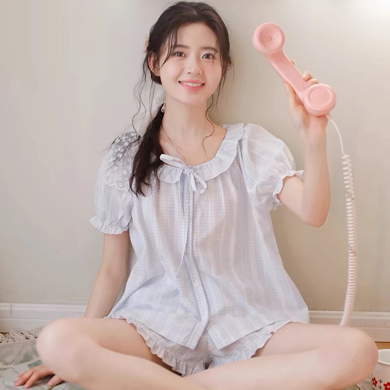 ins风韩系蓝色格子夏季薄款短袖短裤睡衣女新款套装可外穿小清新