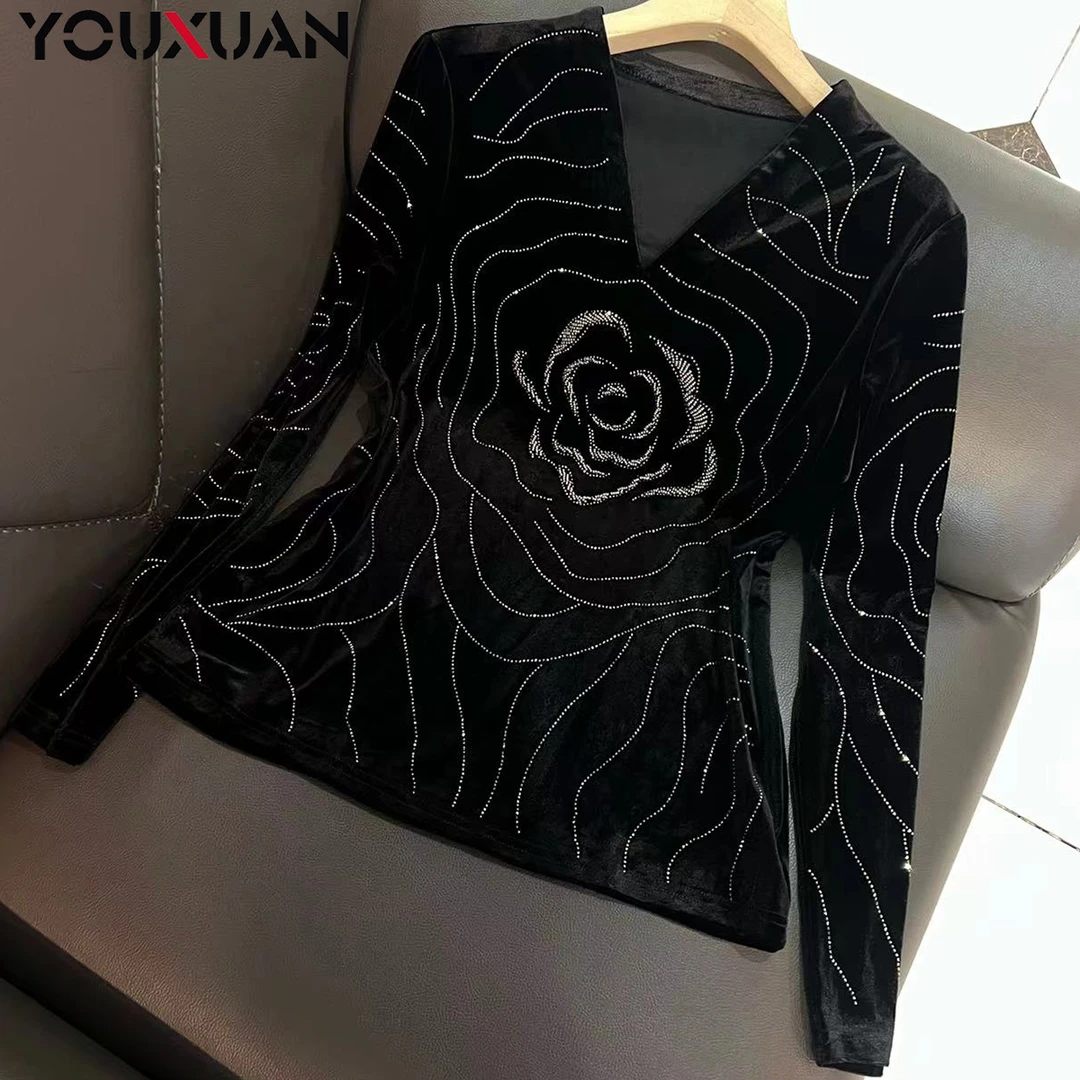 【渐变玫瑰】秋冬百搭韩版上衣时尚休闲宽松长袖V领女士打底衫8707