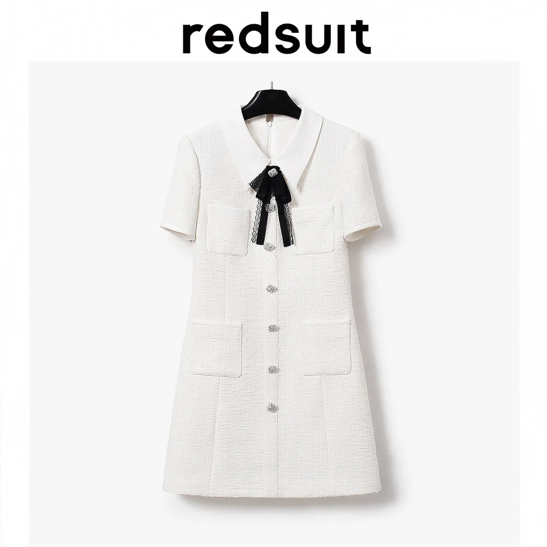 redsuit 法式精美感蝴蝶结polo领短袖小香风单排扣设计感连衣裙