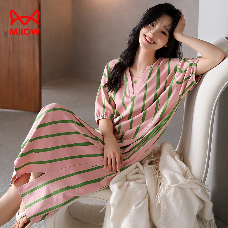 (新疆包邮)猫人经典睡裙夏季纯棉薄款短袖女士可外穿连衣裙家居服