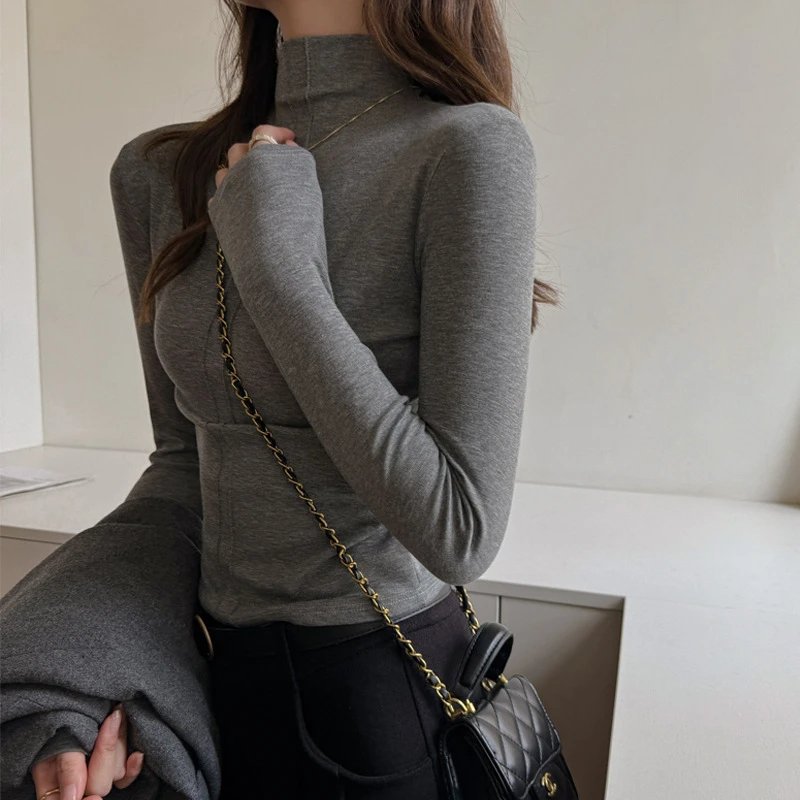 秋冬季半高领灰色高级设计感长袖打底衫女内搭正肩t恤可外穿上衣