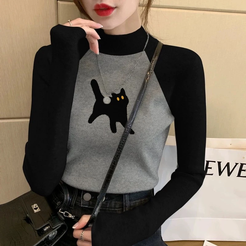 半高领修身长袖T恤女2025新款秋冬季内搭厚款百搭撞色打底衫上衣