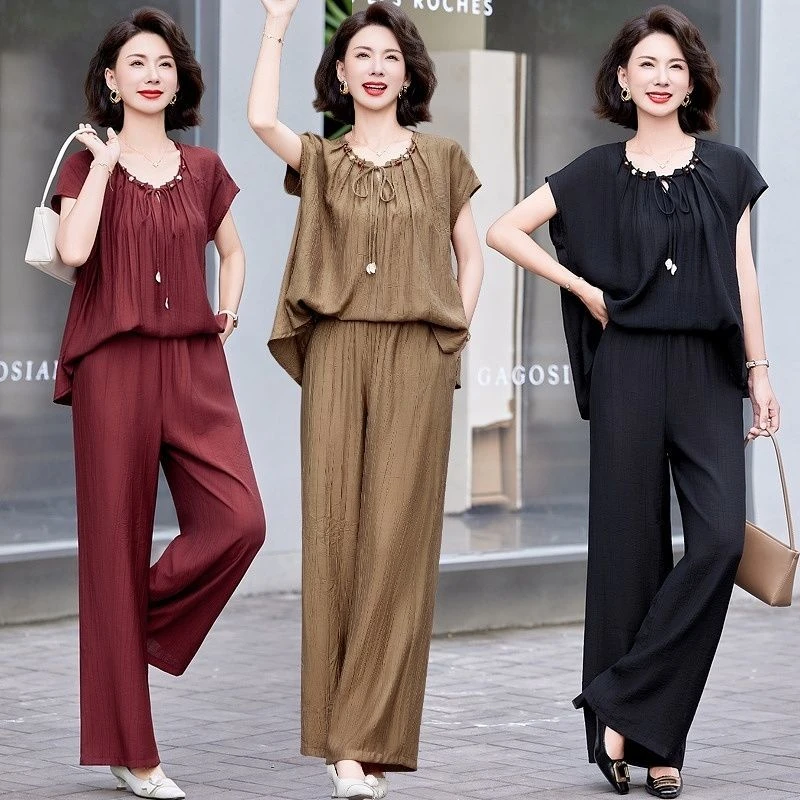2025时尚套装减龄新款短袖T恤衫妈妈气质宽松洋气阔腿裤两件套女