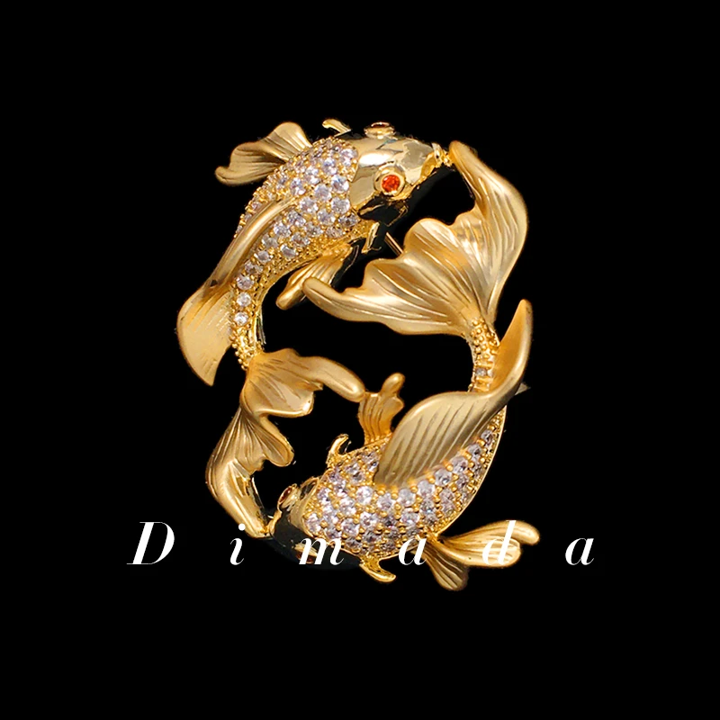 合金胸针 d1328高档镶满钻双鱼锦鲤胸针金色复古风女士别针配饰