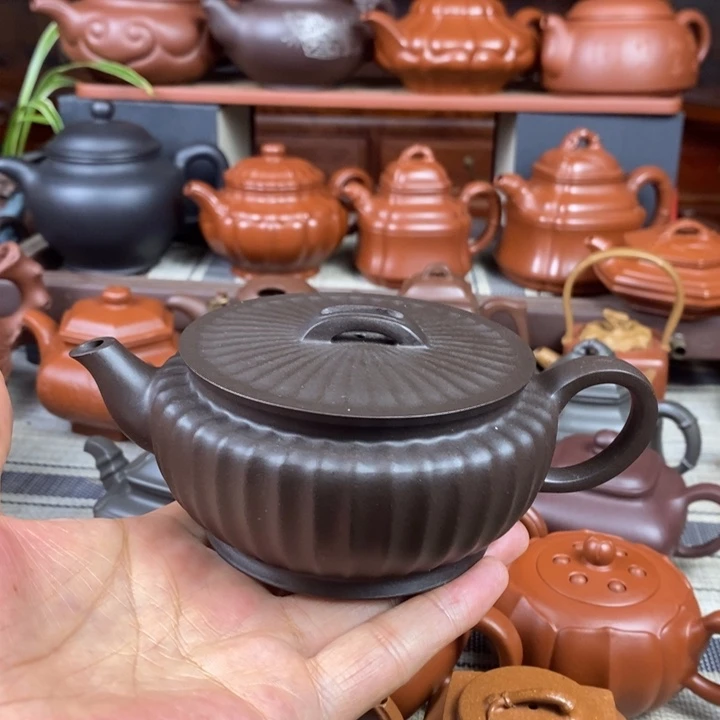茶壶紫砂筋纹汉瓦260cc原生矿黑料特价