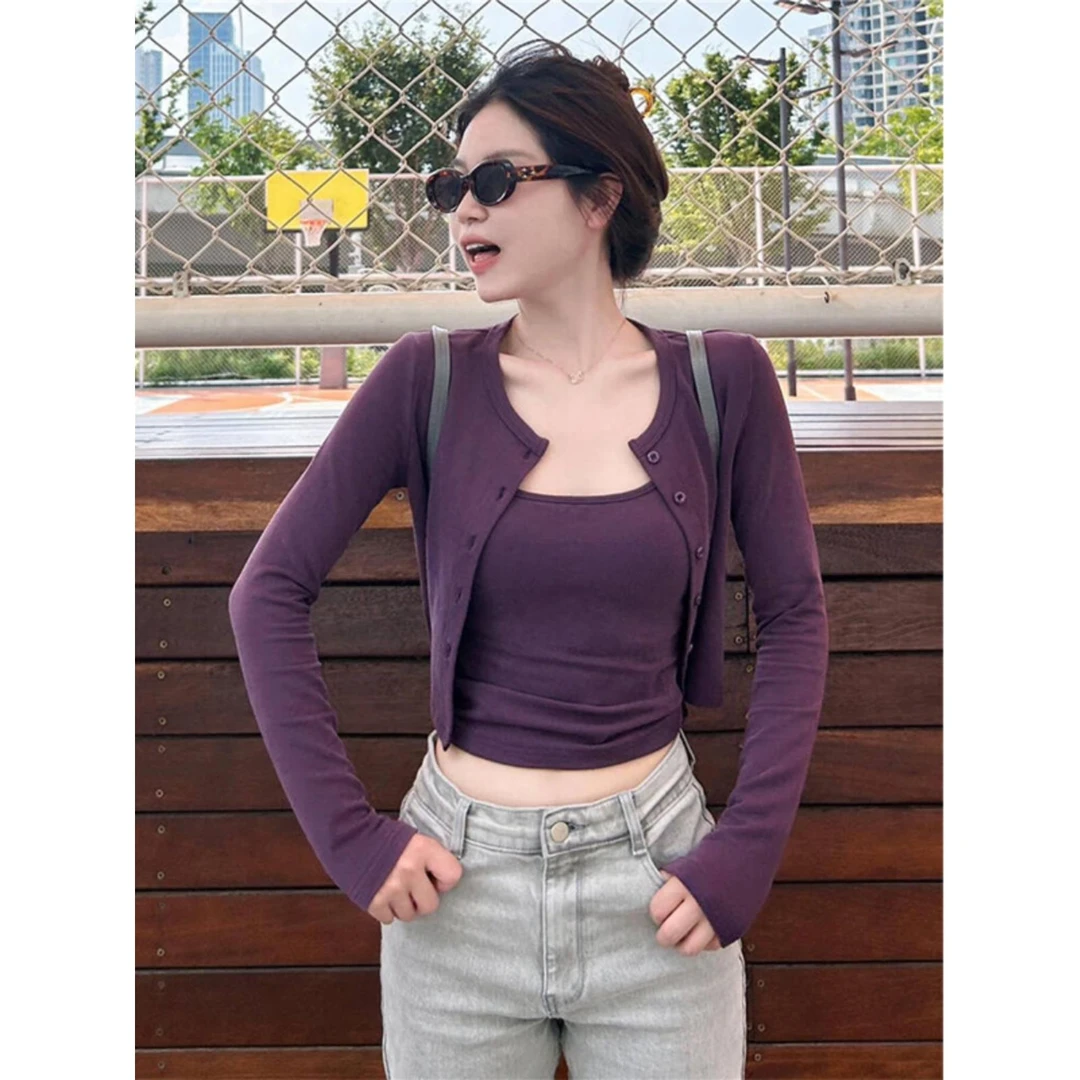 运补（6）韩系辣妹纯欲紫色吊带开衫女秋季短款修身内搭长袖上衣
