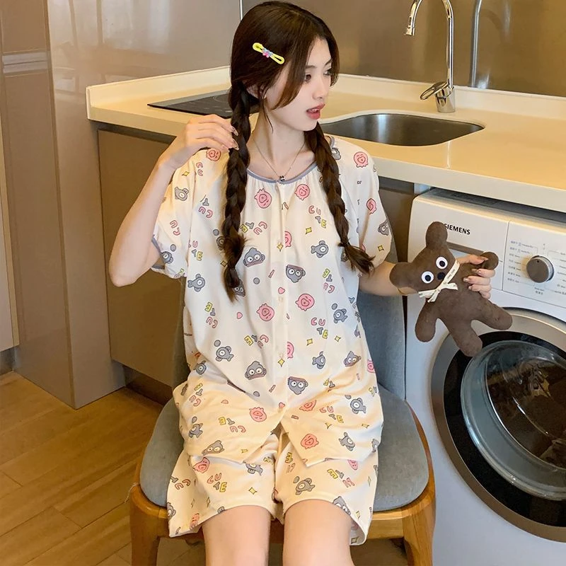 夏季新款睡衣女开衫短袖宽松休闲甜美家居服套装新款夏季