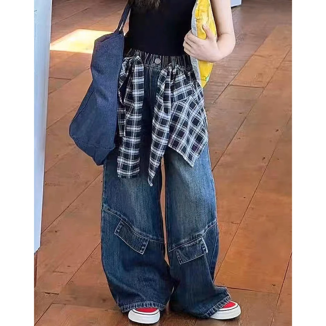 韩国女童牛仔裤春秋2025新款爆款格子屁帘阔腿裤女大童百搭直筒裤