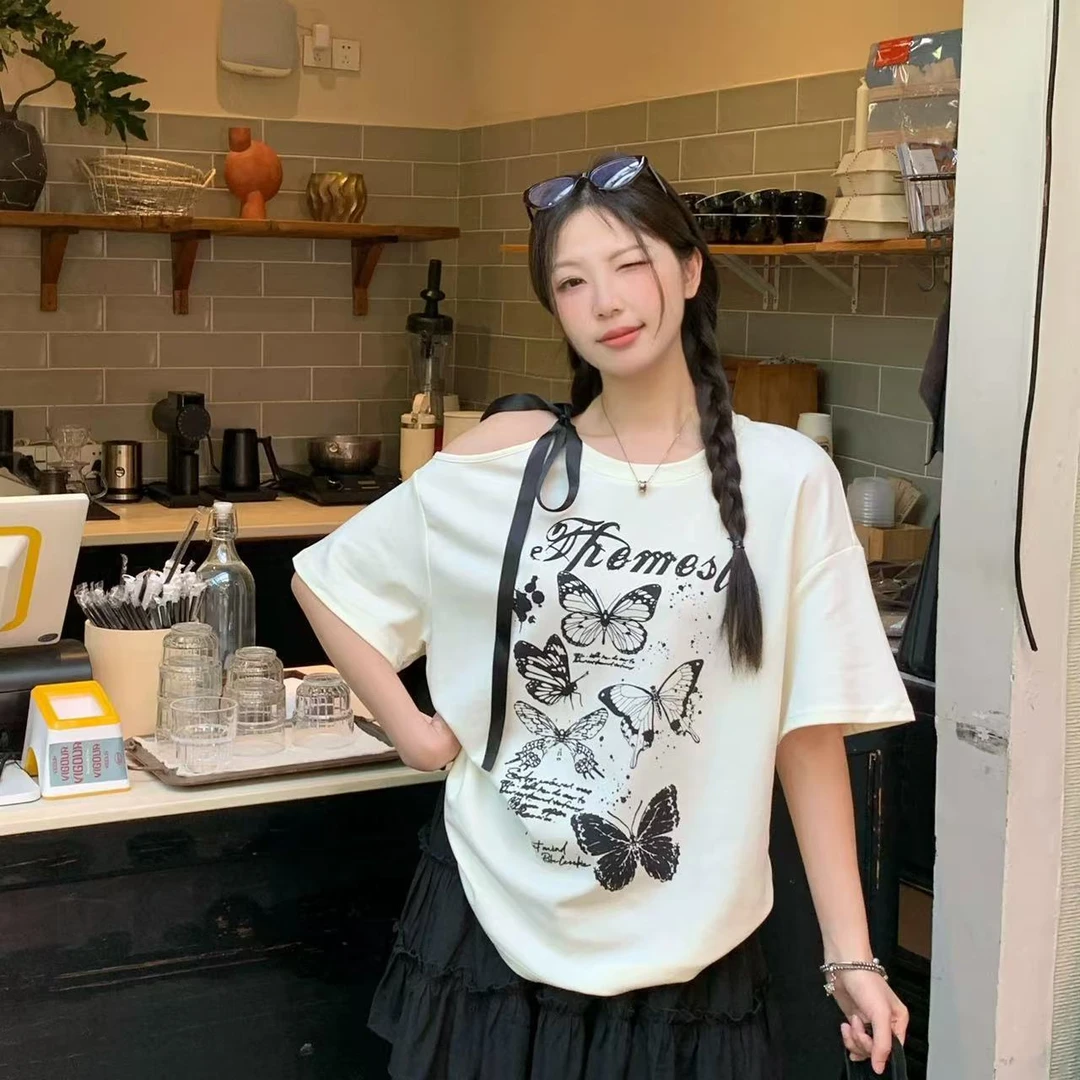 大码女装胖mm韩版设计感减龄蝴蝶上衣宽松百搭减龄显瘦T恤