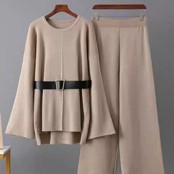 欧美针织套装秋季新款长袖上衣大码宽松弹力两件套套装女