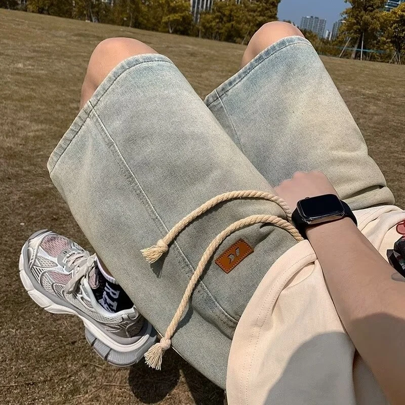 水洗浅蓝色牛仔短裤男夏季宽松休闲潮流五分裤美式高街ins裤子男