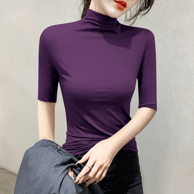 新款莫代尔安克拉红半高领打底衫夏季韩版修身内搭半袖t恤女上衣