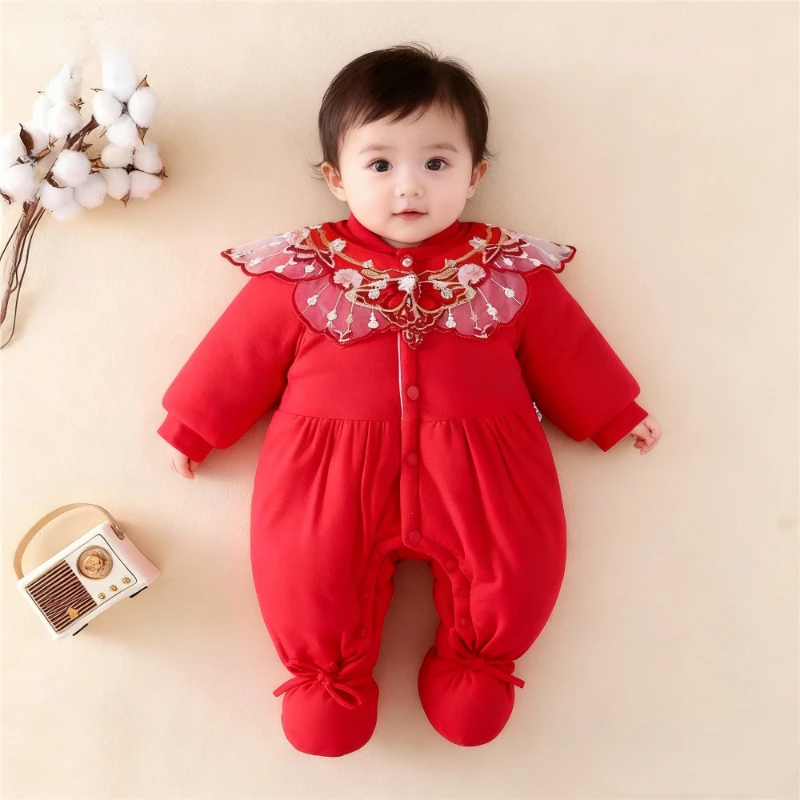 纯棉手工包脚棉花棉衣深冬加厚婴幼儿连体衣服新生儿保暖喜庆哈衣
