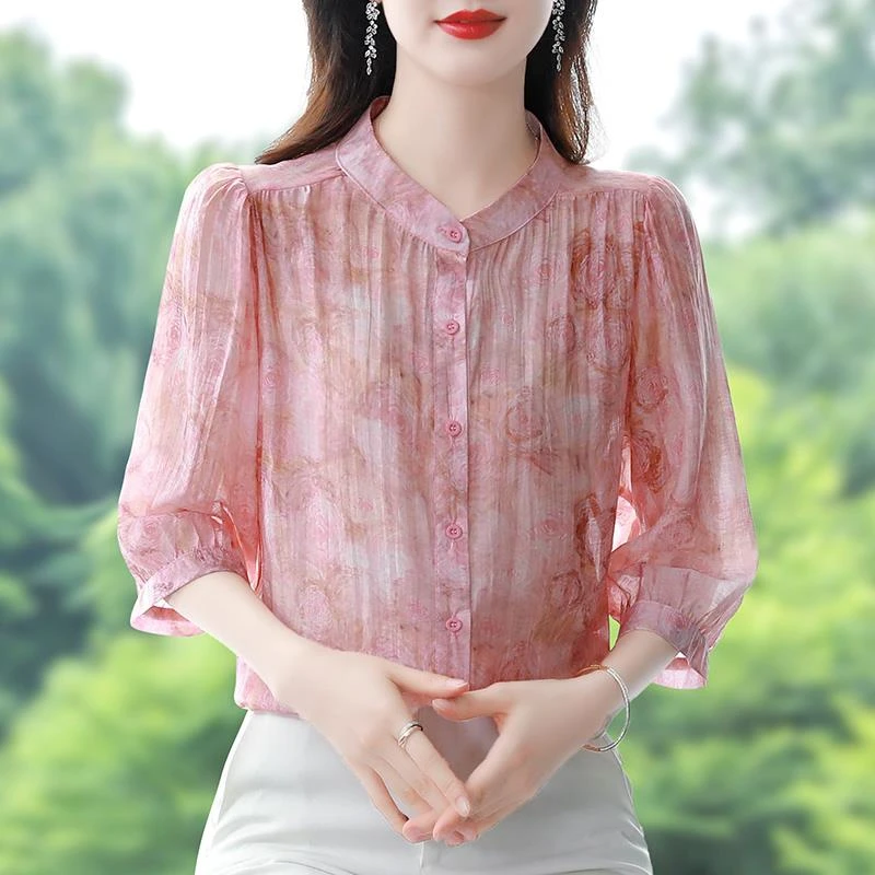 粉色短袖衬衫女2025新款妈妈夏季洋气小衫高端七分袖气质雪纺上衣