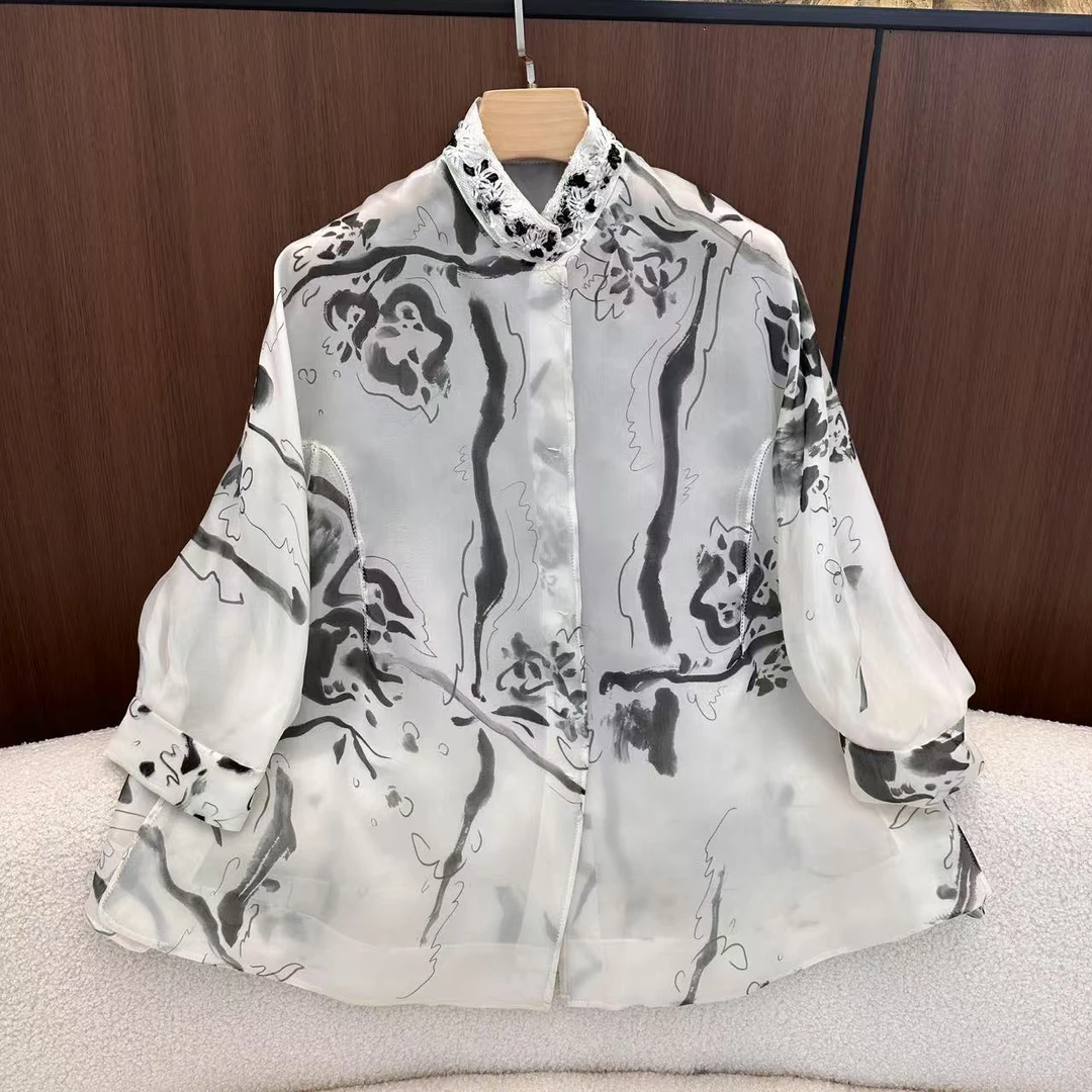 山.尔【倚楼】新中式水墨满分桑蚕丝衬衫