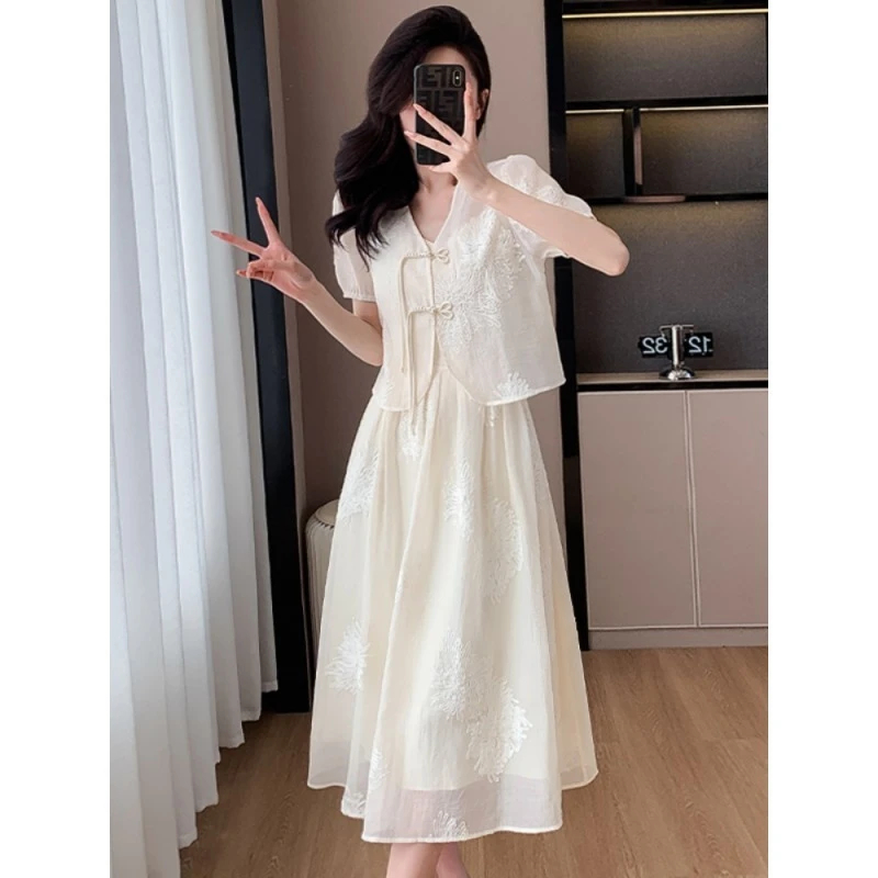 大码女装中式吊带连衣裙套装夏季2024新款国风刺绣盘扣两件套长裙