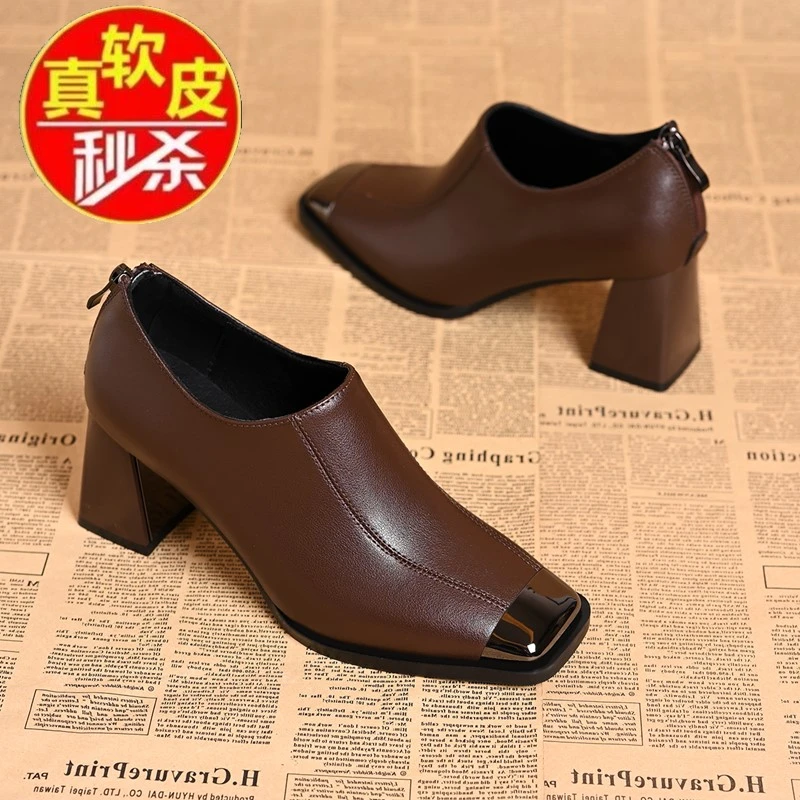 品牌断码真皮单鞋粗跟裸靴高级洋气法式金属头深口高跟鞋女及踝靴