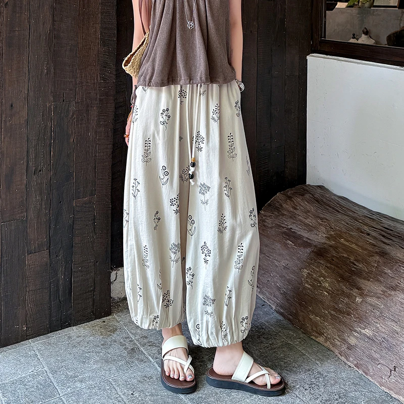 复古印花冰丝阔腿裤夏季女薄款纯欲慵懒风松弛感灯笼裤哈伦八分裤