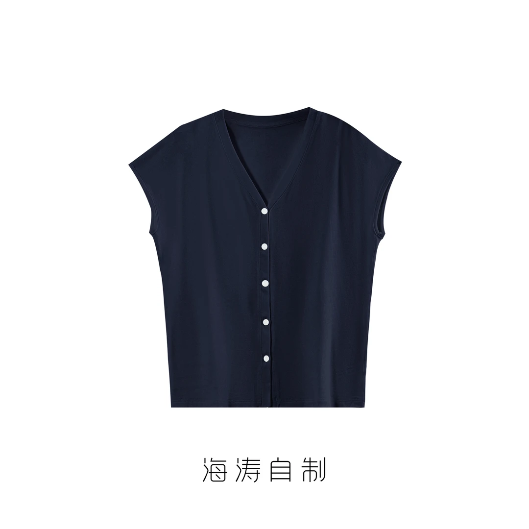 【海涛大叔】纽扣针织天丝亚麻V领小飞袖T恤 WA9754