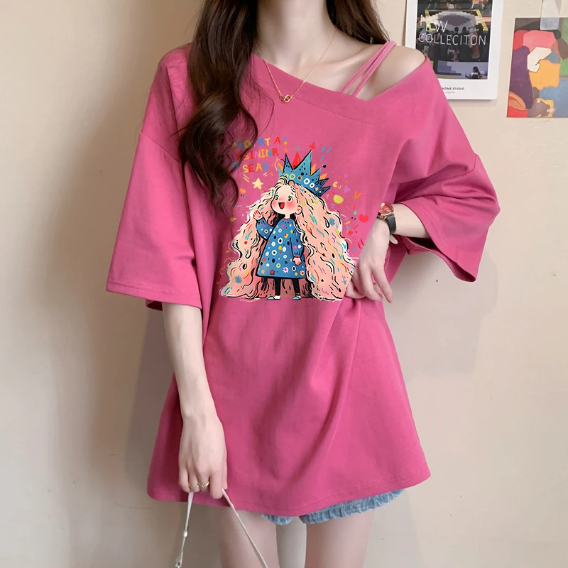 纯棉短袖T恤女夏季韩版宽松中长款休闲减龄卡通大码半袖斜领上衣