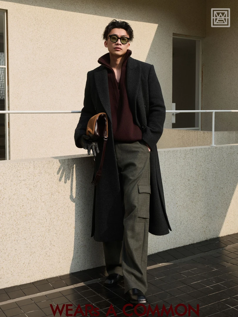 WAC 羊毛双面呢戗驳领宽肩显高四开身长款毛呢大衣