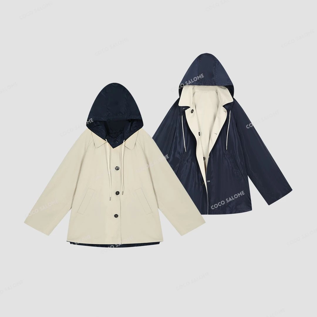 安安推荐【双面风衣】宽松连帽中长款风衣外套BW25C50963-WT