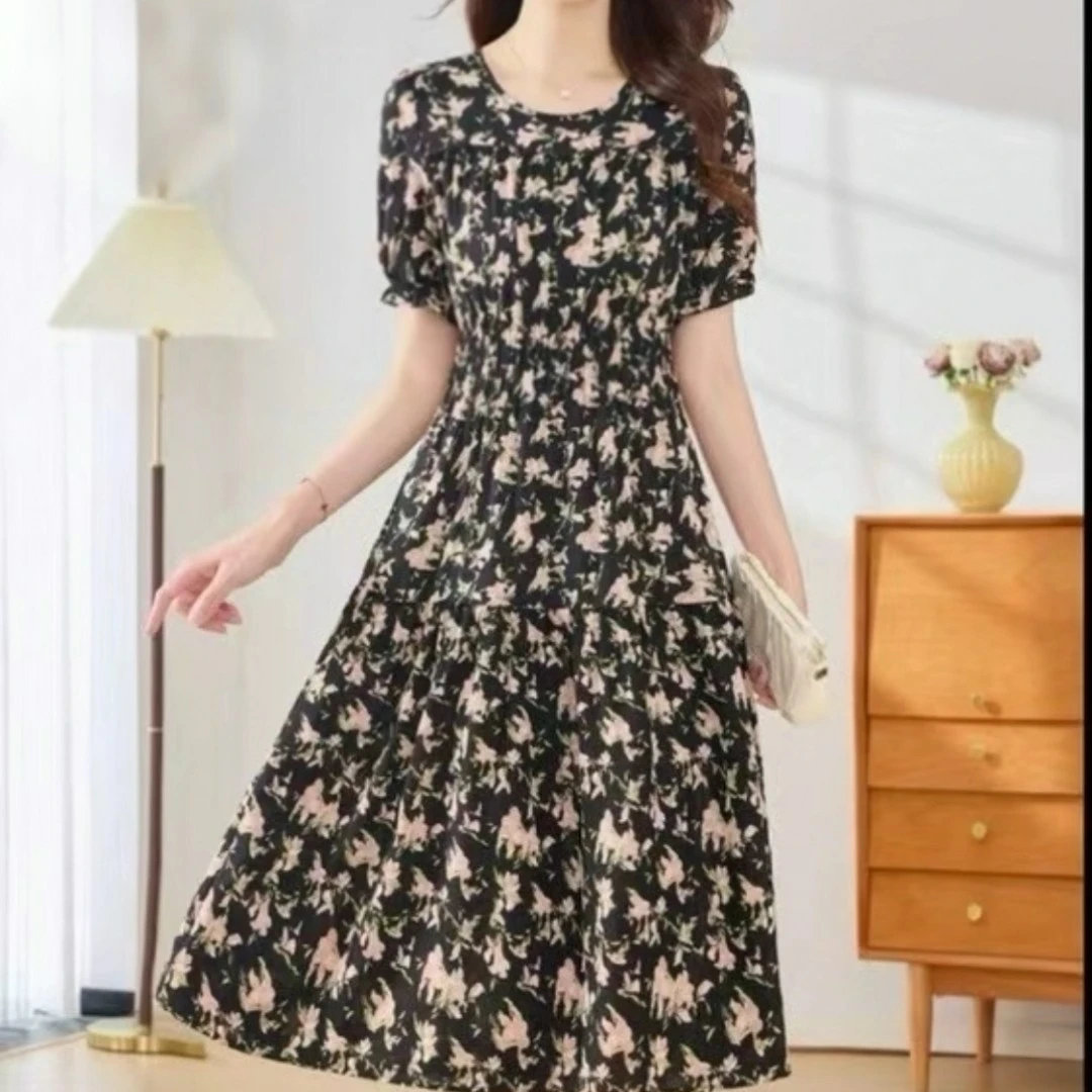 夏季碎花圆领收腰显瘦中长气质女士连衣裙