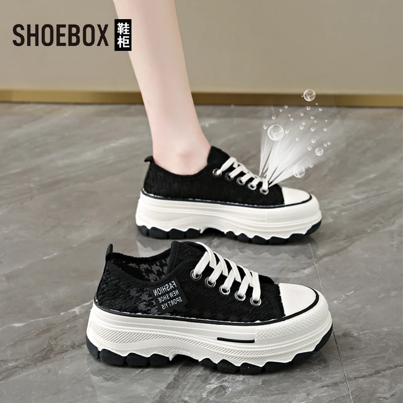 达芙妮集团旗下帆布鞋女2025夏季新款厚底松糕小白鞋单网休闲板鞋